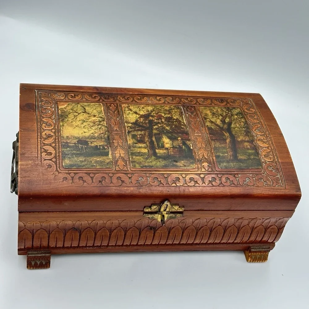Vintage Carved Cedar Jewelry Box Country Scene Etched Mirror & Scalloped Feet